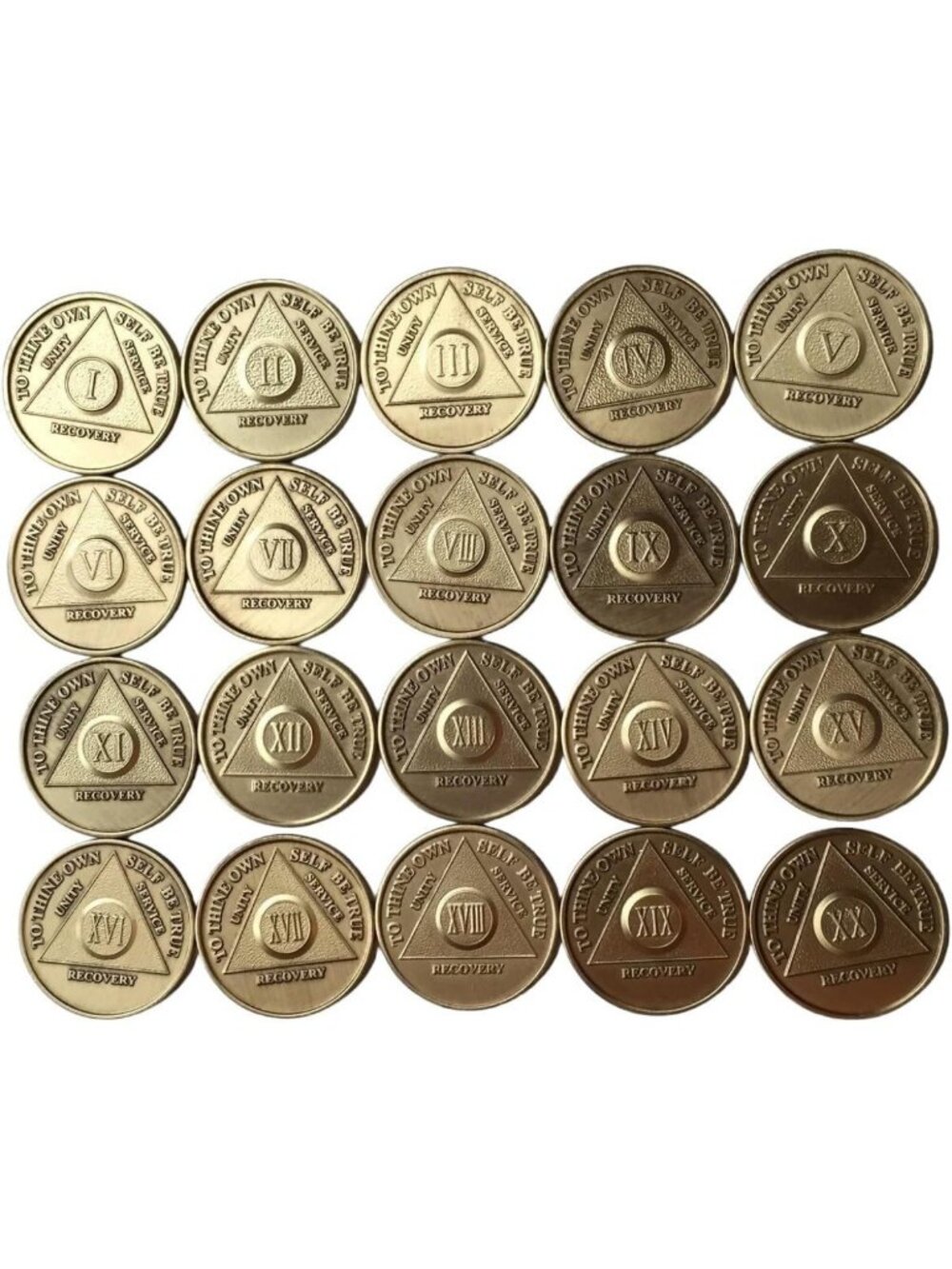 Bulk Lot of 20 AA Sobriety Medallions Chips 1-20 Bronze Set with Serenity Prayer